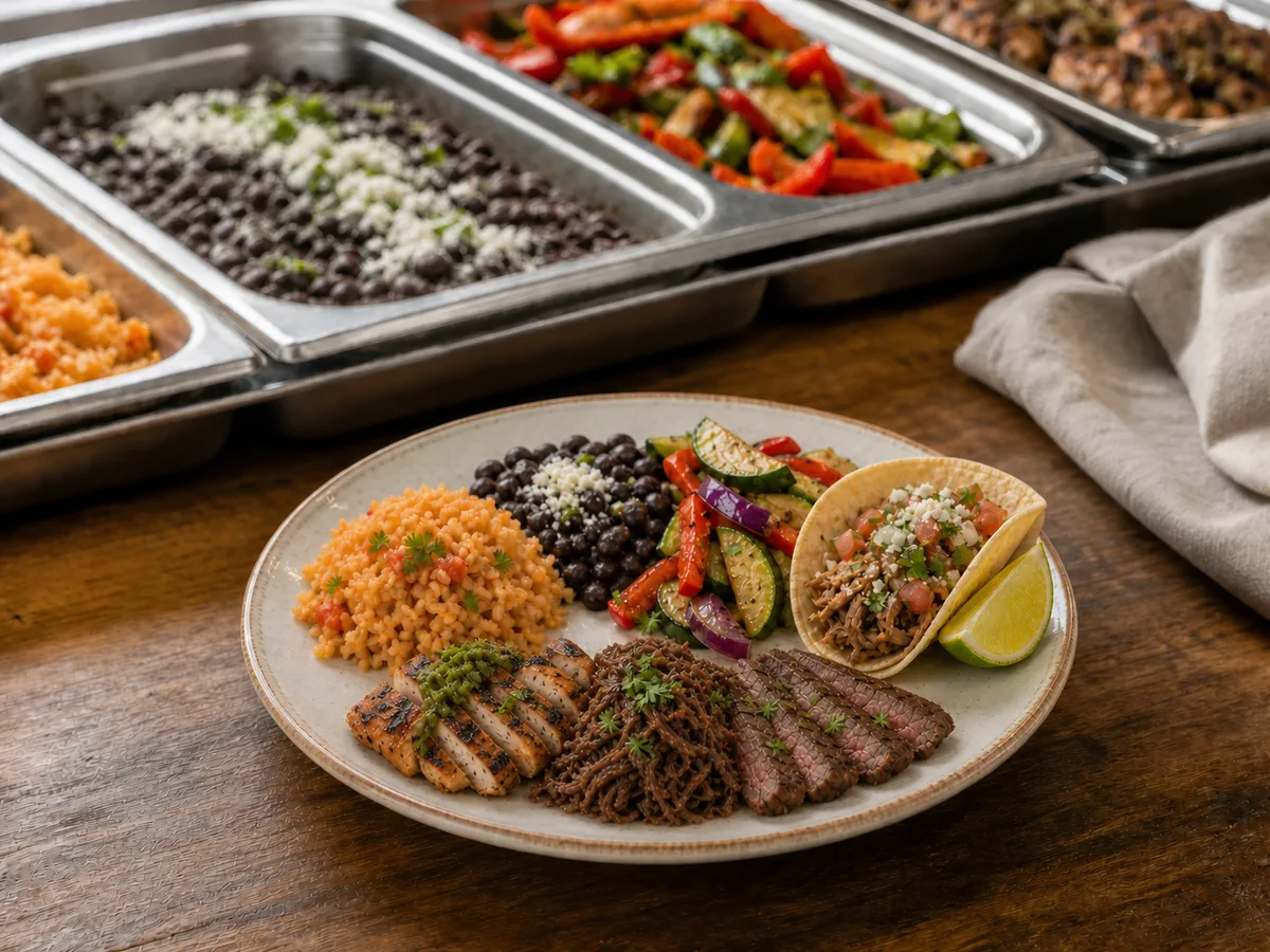 Celebration Buffet: a plated buffet with grilled chicken, pulled beef, sliced steak, one taco, rice, beans and vegetables