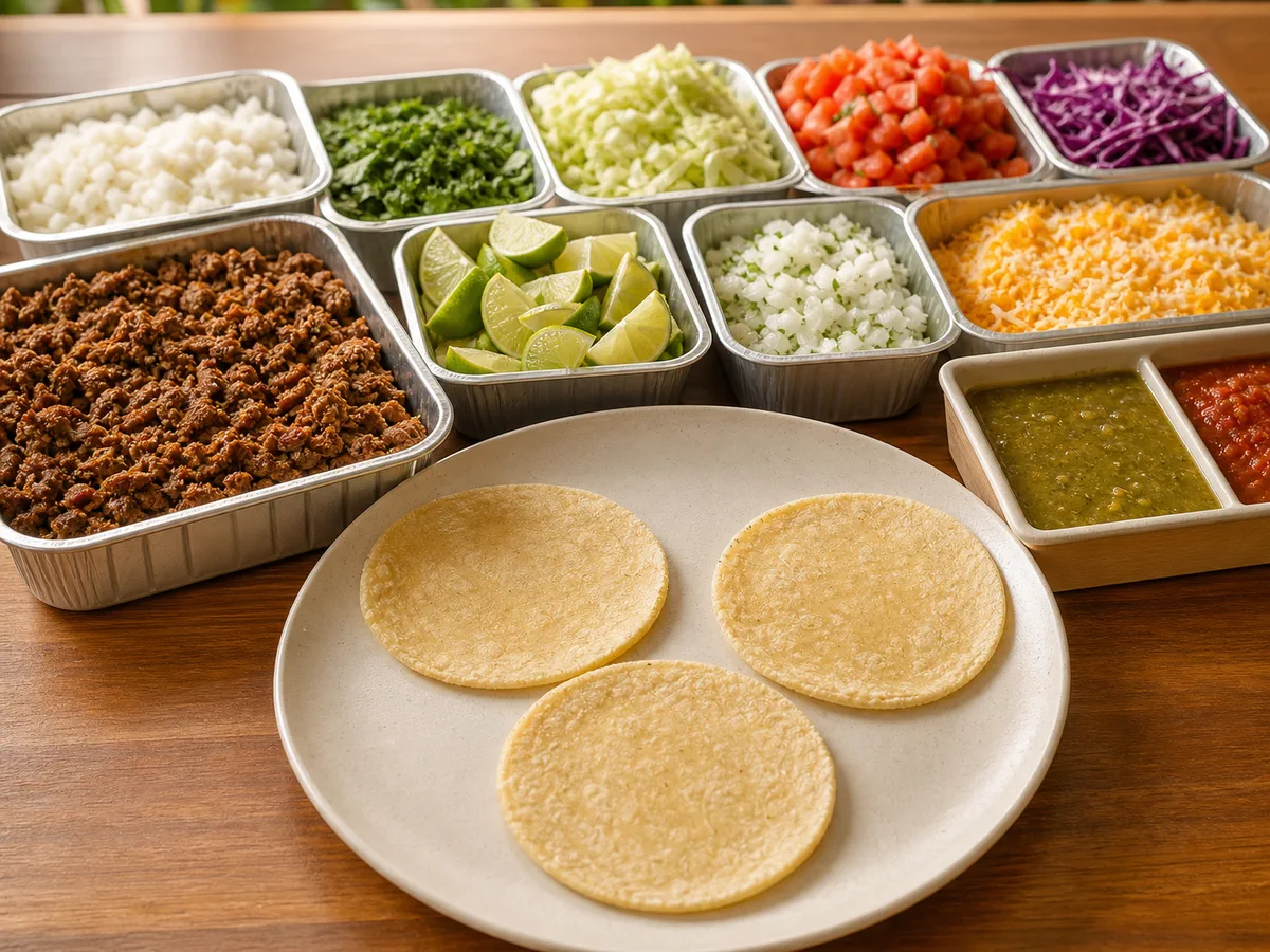 Classic taco bar with tortillas, fillings and toppings in catering trays