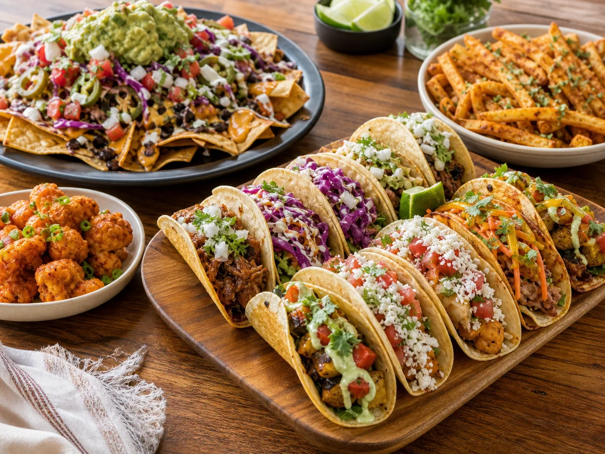 Pre-assembled tacos and appetizers arranged on a catering table