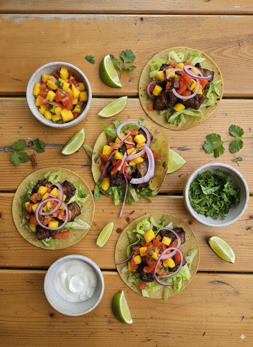 DIY taco bar with assorted mains, fillings, and sauces